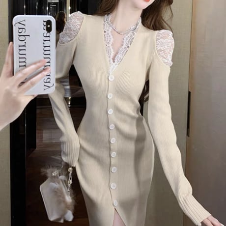 shoulder lace long op 3色