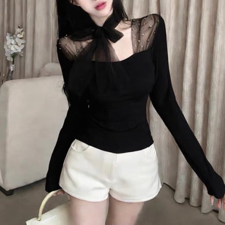 Sheer Ribbon Tie Blouse 4色