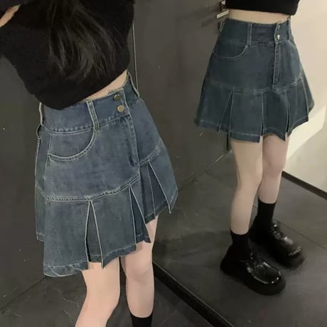 デニム裾プリーツスカート