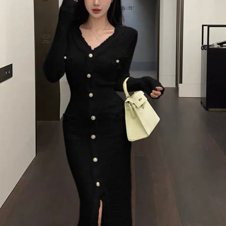 Elegant Tweed Knit Dress 4色