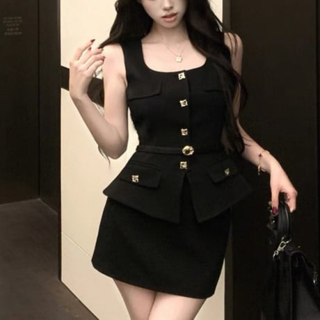 Square Gold Button Peplum Mini Set