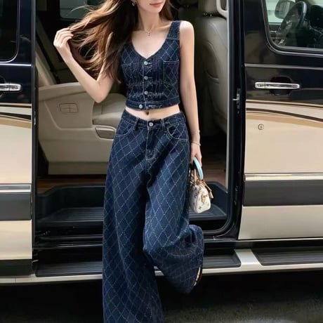 Diamond Stitch Denim Set