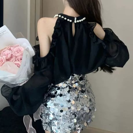 パールネックレスシフォントップス 2色