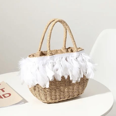 feather straw bag 2色