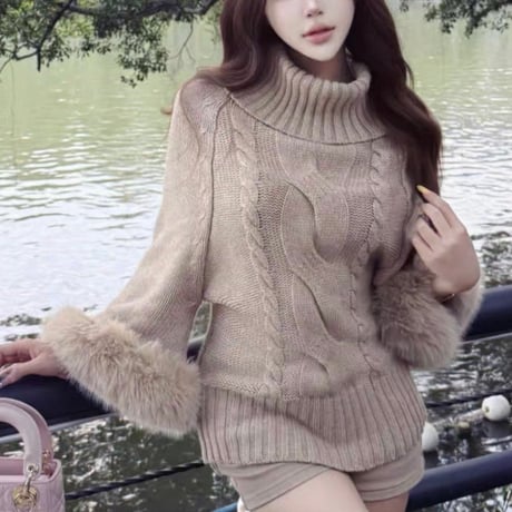Fur Cuff Turtleneck Cable Knit