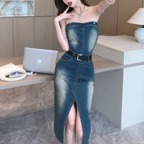 Denim slit long dress