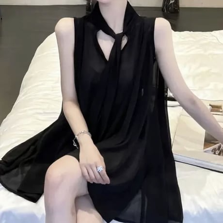 Blackシースルーボウタイトップス
