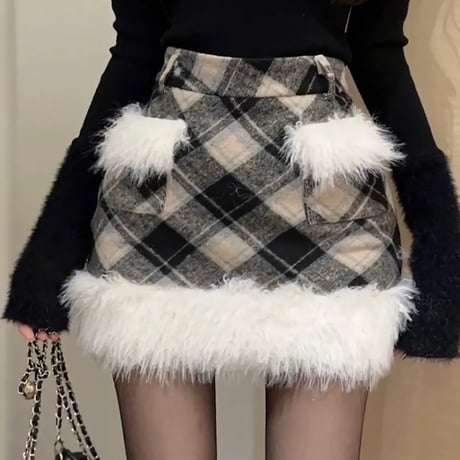 チェック柄ファー付きスカート 2色