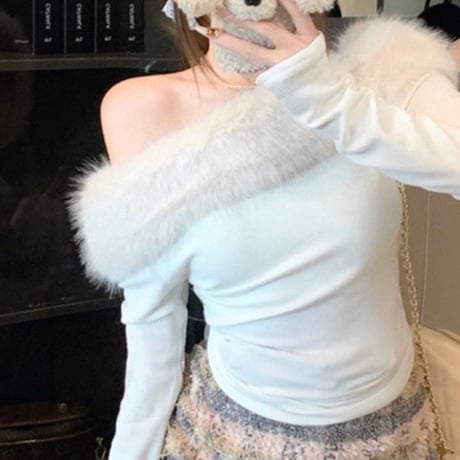 Fur Trim Off Shoulder Top 2色