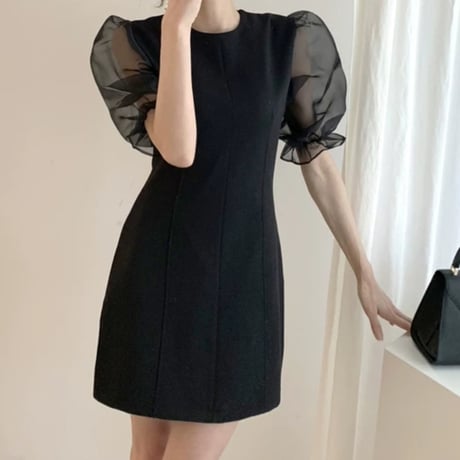 black パフスリ シースルー ワンピ
