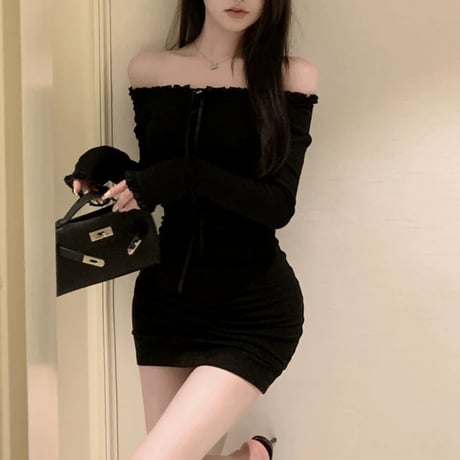 black リボン 長袖オフショルワンピ