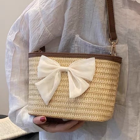リボン付きstraw bag 2色