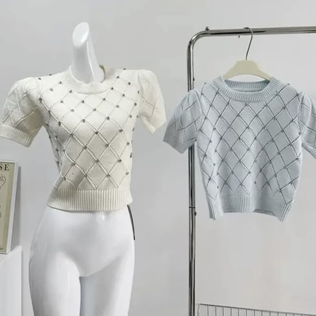 ぴょん様ご着用♡ビジュー付き半袖ミニトップス3色