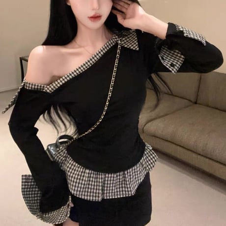 Off-Shoulder Check Accent Tops