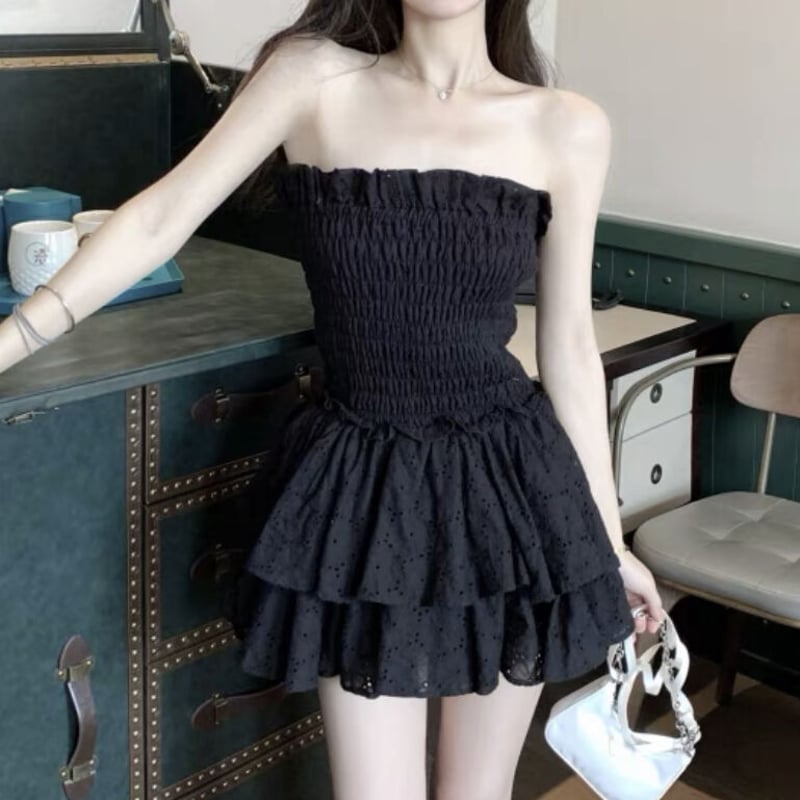 ギャザーベアトップコットンレースワンピ2色 | ecrea