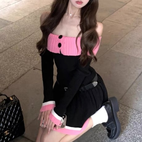 pink×black バイカラーニットワンピベルト付き