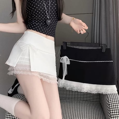 Lace ribbon mini skirt 2色