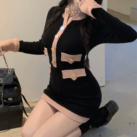 pink×black バイカラータイトミニワンピ