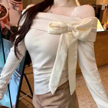 リボンレース長袖トップス 2色