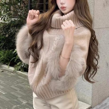 Fur Cuff Turtleneck Cable Knit