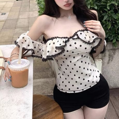 Dot frill off shoulder tops