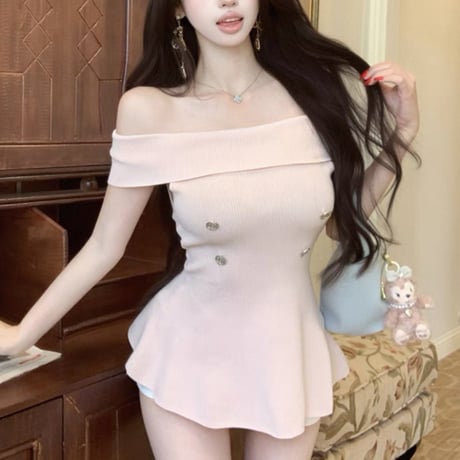 Off shoulder button tops 3色