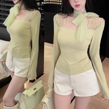 Sheer Ribbon Tie Blouse 4色
