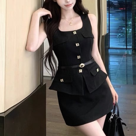 Square Gold Button Peplum Mini Set
