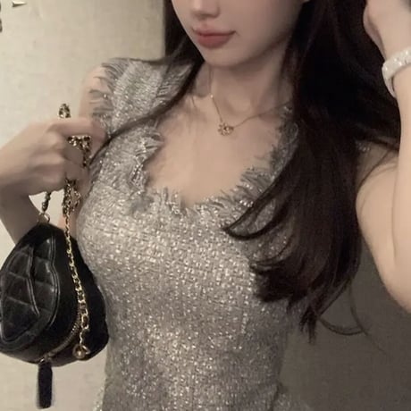 Gray fringe ノースリワンピ