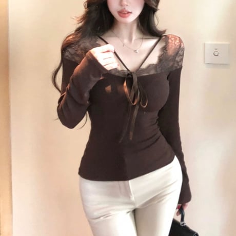 lace sexy長袖トップス 3色