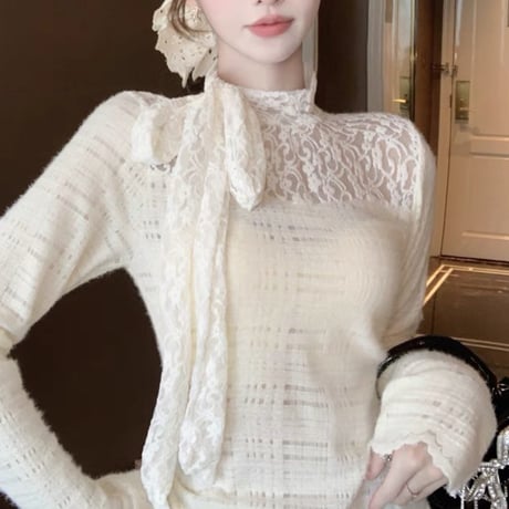 lace デコルテリボン トップス