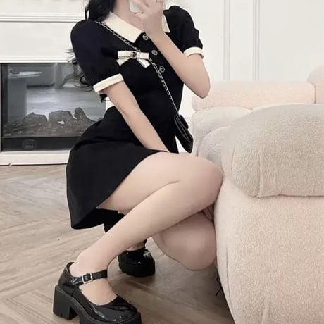 リボンデザインボタン半袖ポロワンピ