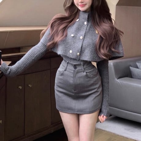 Cape Knit × Skirt Set