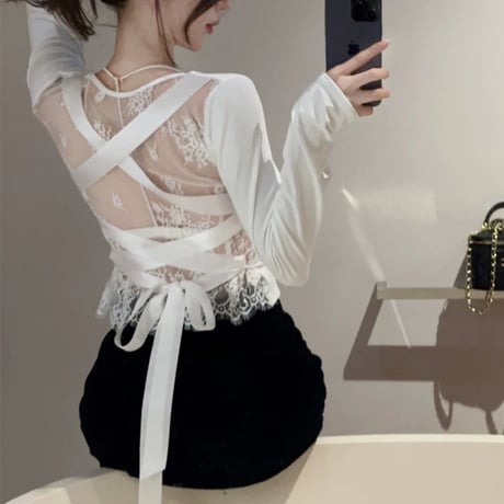 back lace ribbon tops 2色