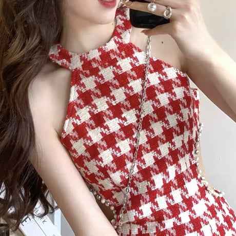 千鳥柄RED ウエストチラ見えワンピ