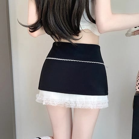 Lace ribbon mini skirt 2色