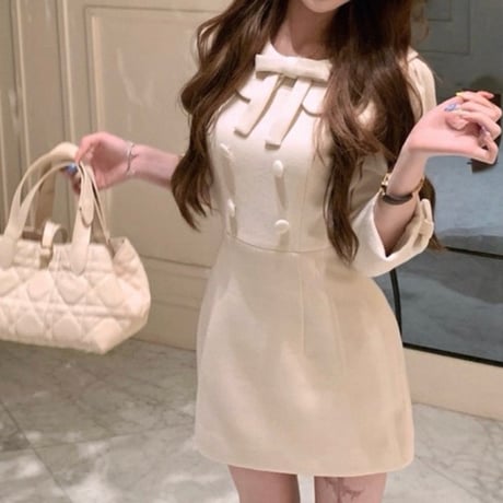 Ribbon Collar Double Button Dress