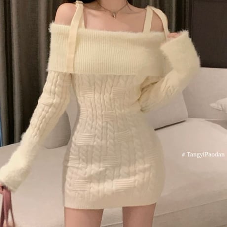 cream オフショル ニットワンピ
