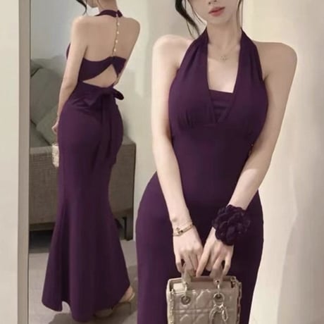 Back Jewel Halter Dress 3色