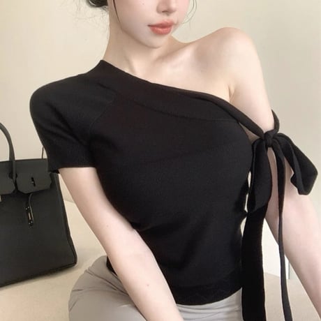 One shoulder ribbon tops 2色