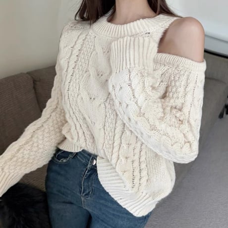 shoulder open knit tops 3色