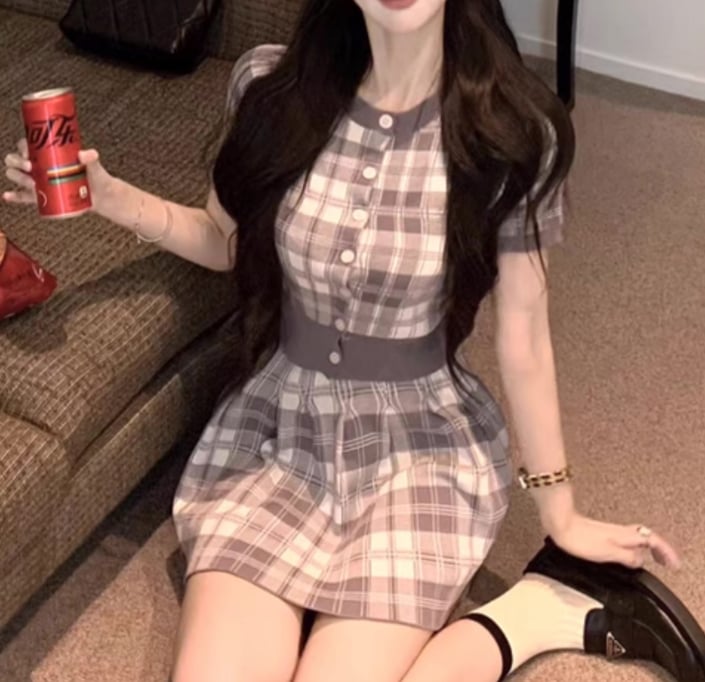 チェック柄半袖スカートセットアップ | ecrea