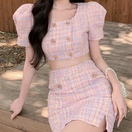 pink tweed 半袖セットアップ