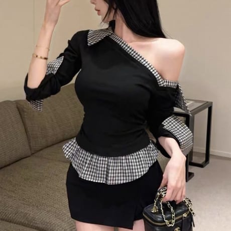 Off-Shoulder Check Accent Tops