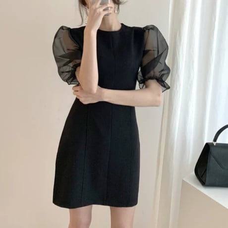 black パフスリ シースルー ワンピ