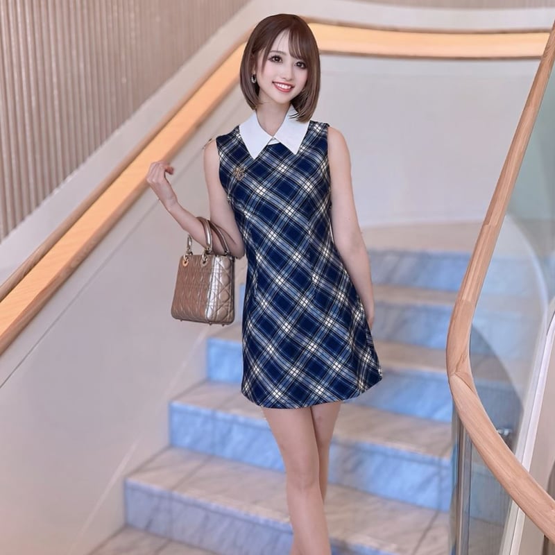 結城里華様♡なみめろ様ご着用♡ブルーチェック襟付きワンピ | ecrea