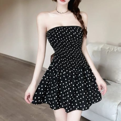 Dot Shirring Tube Dress