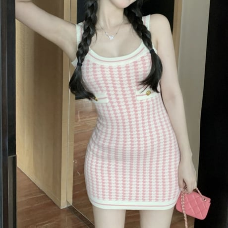 pink 千鳥柄キャミワンピ