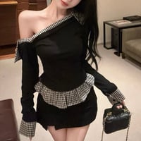 Off-Shoulder Check Accent Tops