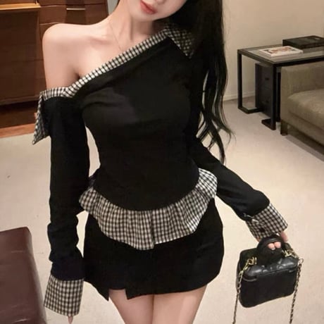 Off-Shoulder Check Accent Tops